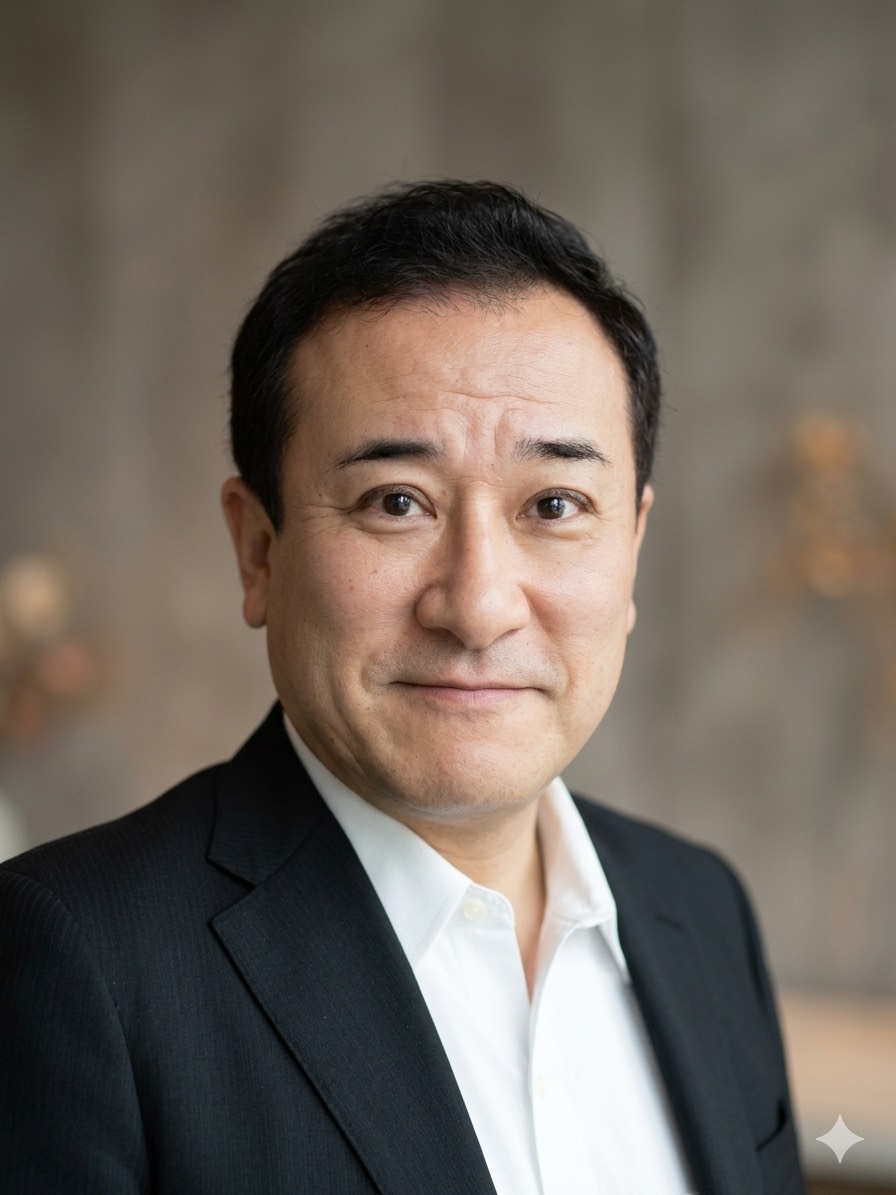 白いシャツと黒いジャケットを着たこにしさんがテーブルに手を置き、笑顔で正面を向いているポートレート写真